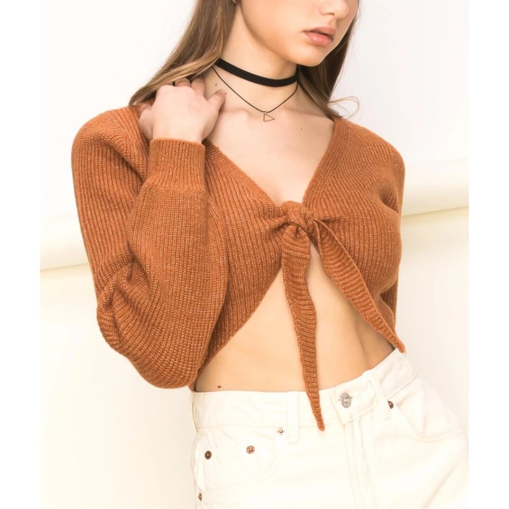 Crop Long Sleeve Front Tie Sweater